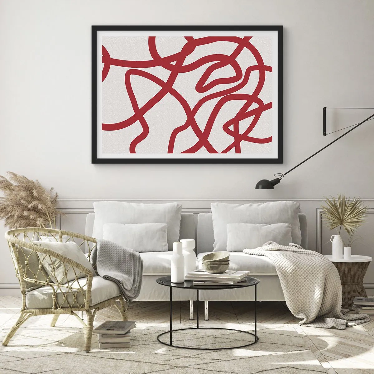 Affiche dans un cadre noir - Poster - Lignes abstraites rouges sur fond blanc - 70x50cm - Rouge sur blanc - Décoration murale moderne pour le salon et la chambre ARTTOR