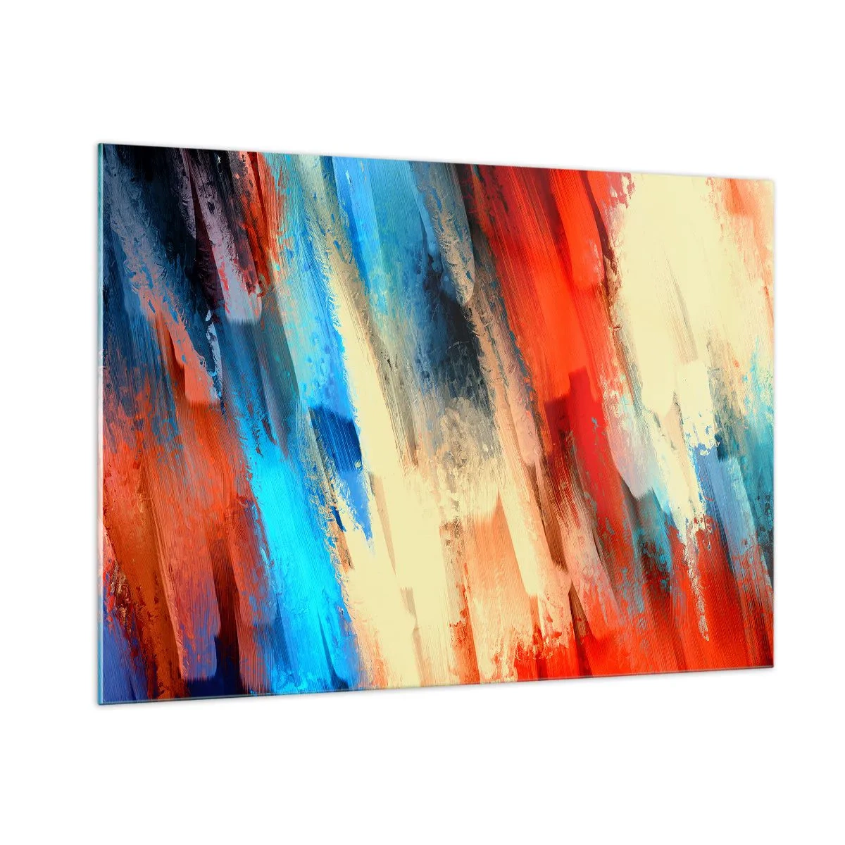 Impression sur verre - Image sur verre - Coups de pinceau abstraits dans des tons de bleu, de rouge et de beige - 100x70cm - Une cascade de couleurs - Décoration murale moderne pour le salon et la chambre ARTTOR