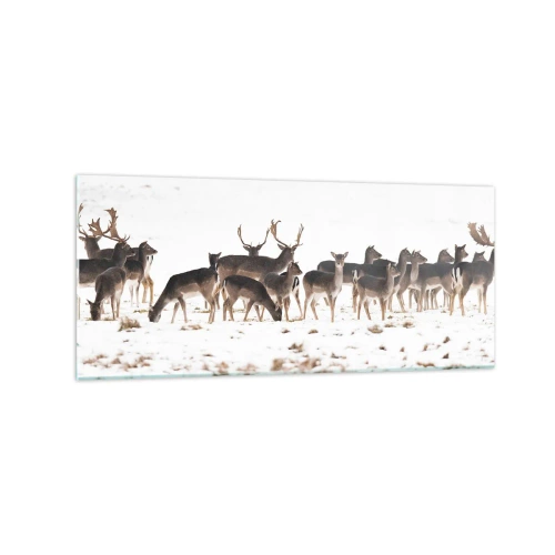 Impression sur verre - Image sur verre - Un troupeau de cerfs sur fond de neige - 120x50cm - Les fêtes approchent ? - Décoration murale moderne pour le salon et la chambre ARTTOR
