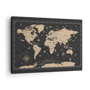 Impression sur toile - Image sur toile - Une carte du monde stylisée sur fond noir avec des accents beiges. - 70x50cm - Les limites de mon monde - Décoration murale moderne pour le salon et la chambre ARTTOR