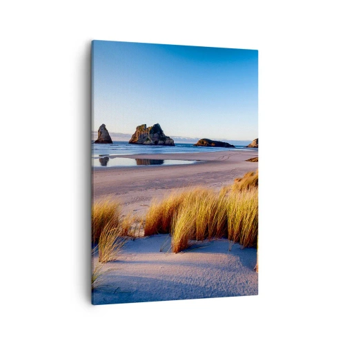 Impression sur toile - Image sur toile - Une plage pittoresque avec vue sur les rochers et la mer au coucher du soleil - 50x70cm - Pour les chercheurs de paix - Décoration murale moderne pour le salon et la chambre ARTTOR