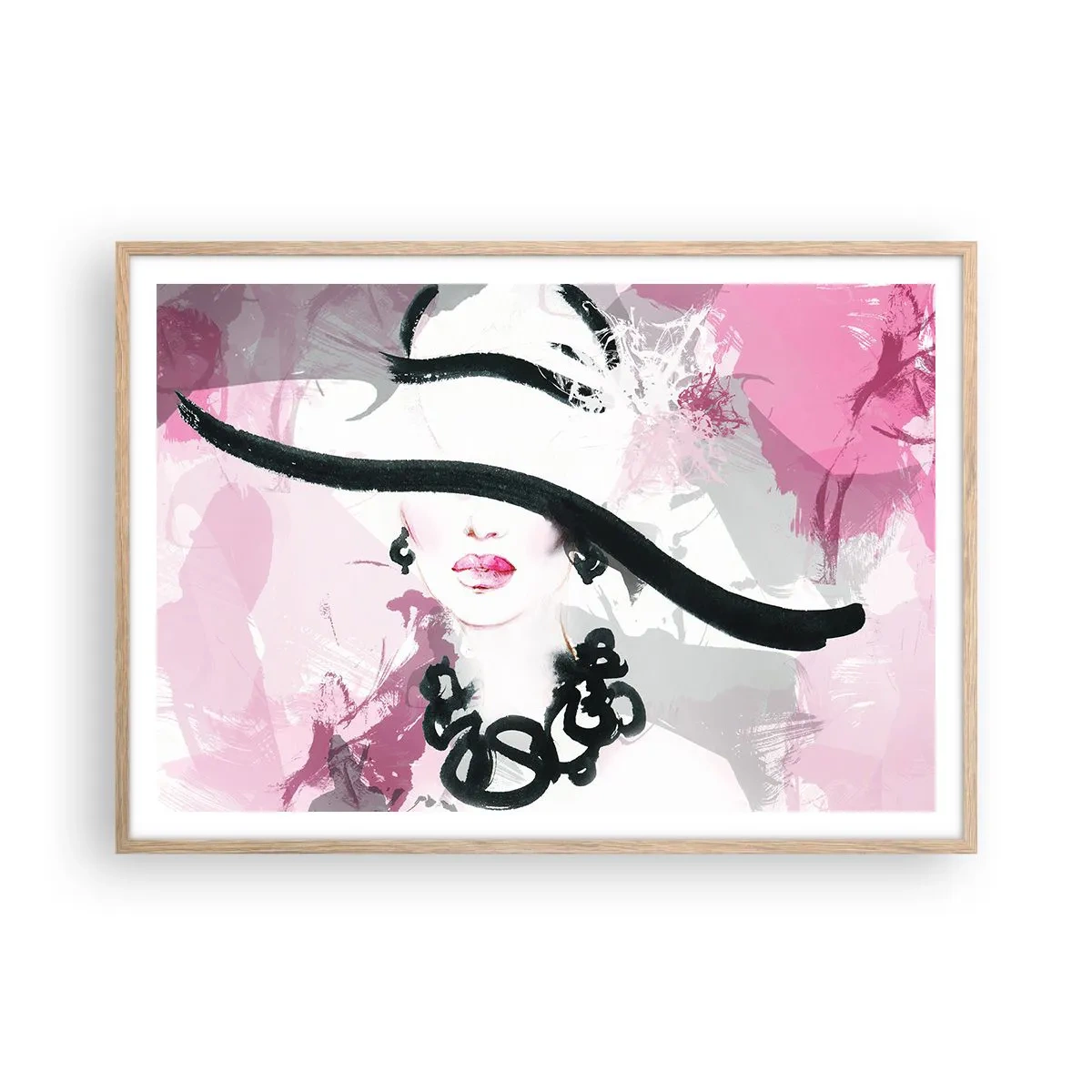 Affiche dans un chêne clair - Poster - Portrait d'une dame en noir et rose - 100x70 cm