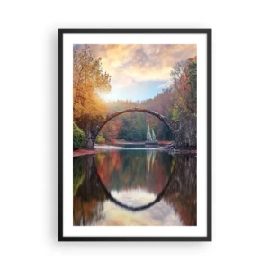Affiche dans un cadre noir - Poster - Un pont de pierre sur un lac dans un paysage d'automne - 50x70cm - De l'autre cote du miroir - Décoration murale moderne pour le salon et la chambre ARTTOR