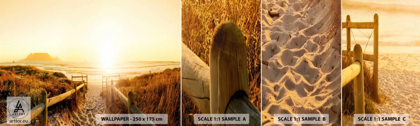 Échantillon De Papier Peint Standard Eco - A travers la dune, vers le soleil - Paysage, Plage, Coucher de soleil - 100x30 cm