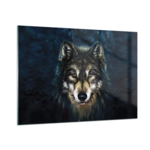 Impression sur verre - Image sur verre - Un loup sur un fond sombre et forestier dans un style réaliste. - 100x70cm - Alpha? Et oméga - Décoration murale moderne pour le salon et la chambre ARTTOR