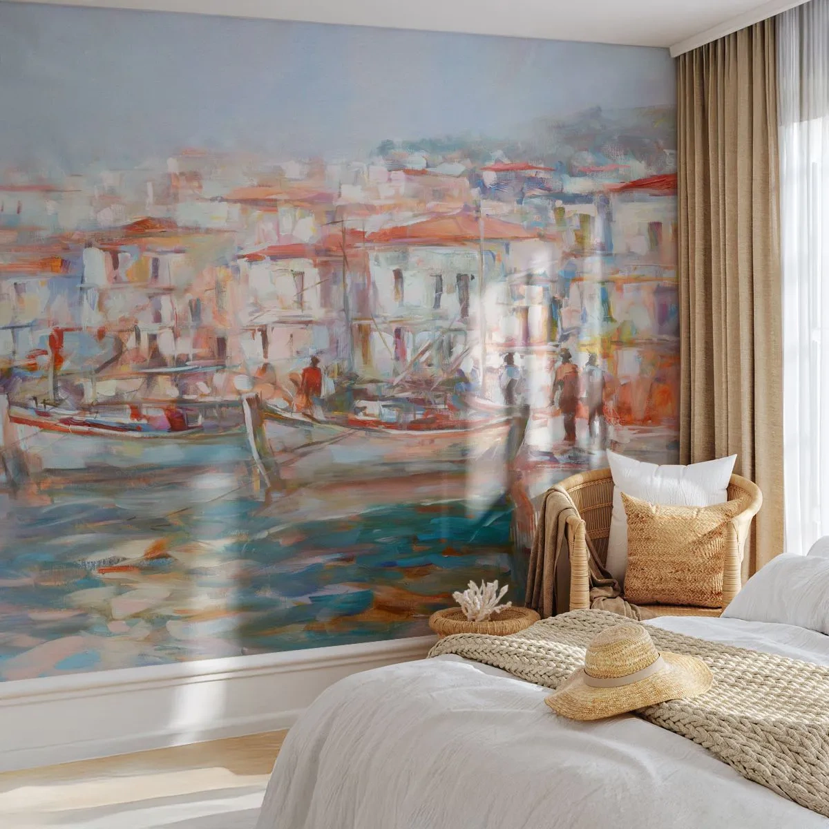 Papier Peint Photo Premium Canvas - Vacances pastelles - Ville portuaire, Architecture, Bateau de pêche - 250x175 cm