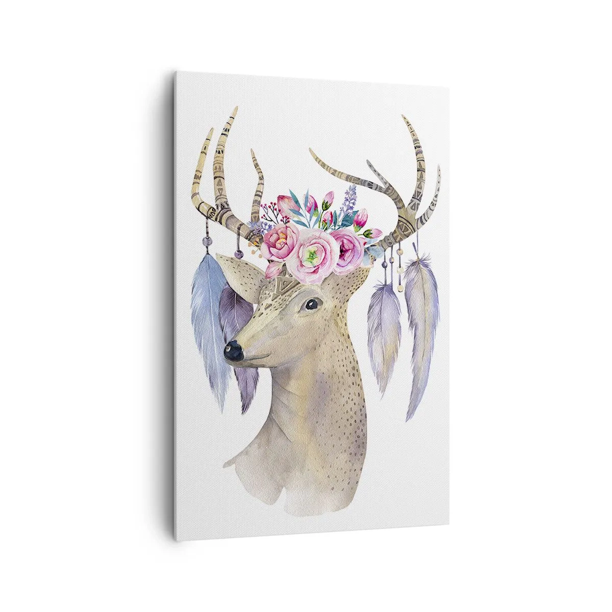 Impression sur toile - Image sur toile - Cerf romantique avec fleurs et plumes - 80x120cm - Guide de l'âme - doux, innocent - Décoration murale moderne pour le salon et la chambre ARTTOR