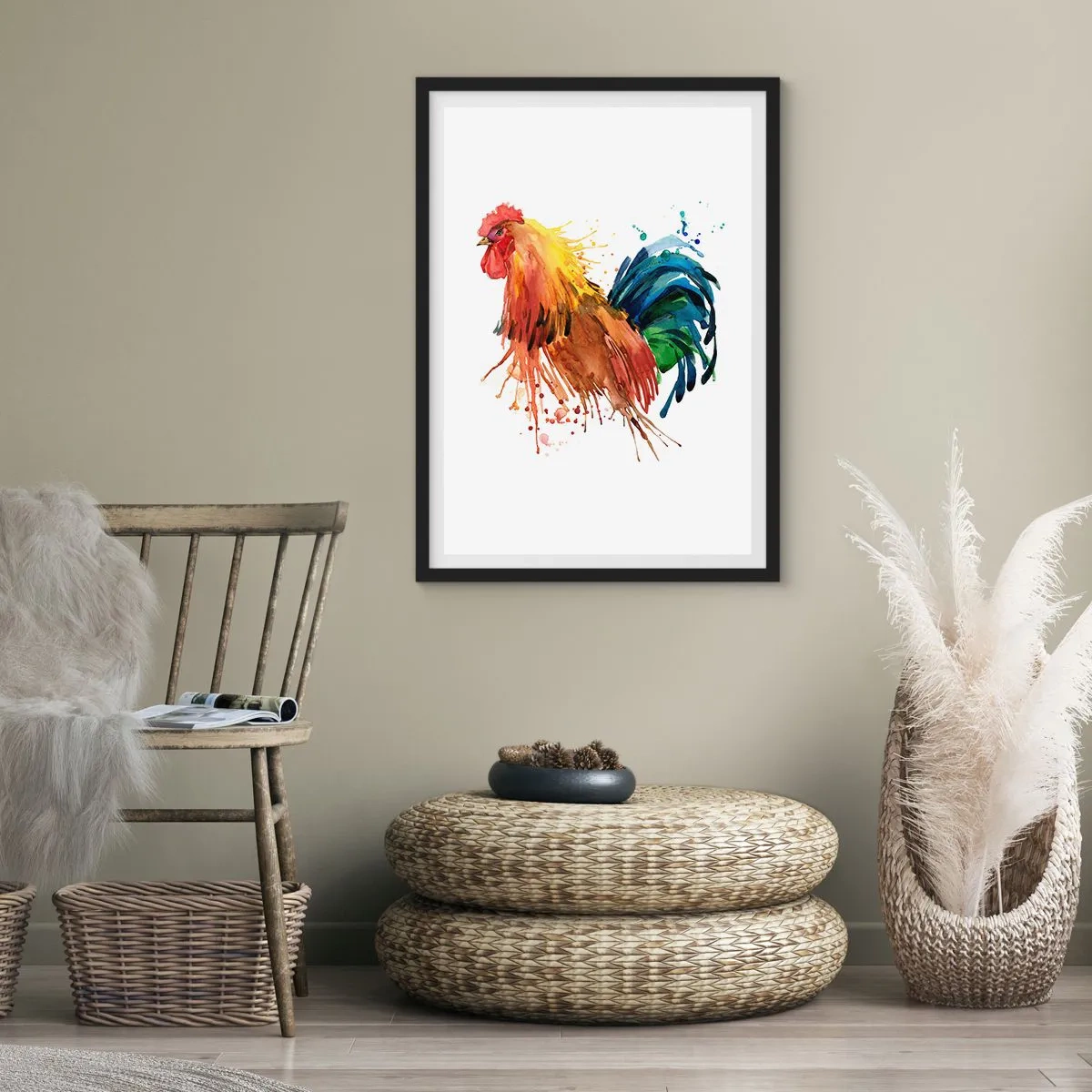 Affiche dans un cadre noir - Poster - Coq coloré dans un style aquarelle - 50x70cm - Robe royale, fierté royale - Décoration murale moderne pour le salon et la chambre ARTTOR