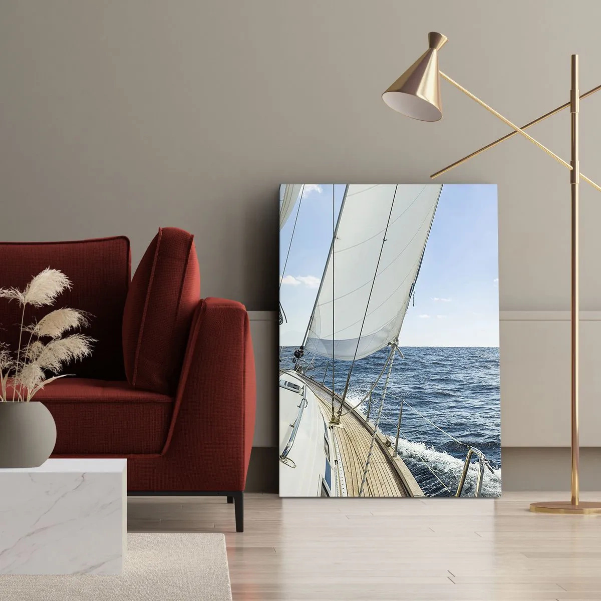 Impression sur toile - Image sur toile - Un voilier sur une mer calme sous un ciel bleu - 80x120cm - Ohé, l'aventure - Décoration murale moderne pour le salon et la chambre ARTTOR