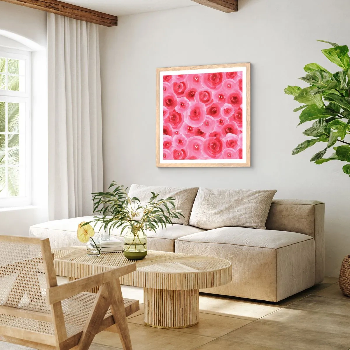 Affiche dans un chêne clair - Poster - Roses en-haut et en-bas - 60x60 cm