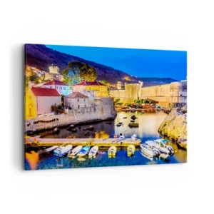 Impression sur toile - Image sur toile - Un port pittoresque la nuit avec des bâtiments illuminés - 100x70cm - Nuit illuminée sur l'Adriatique - Décoration murale moderne pour le salon et la chambre ARTTOR