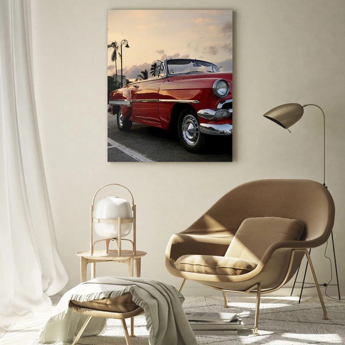 Impression sur verre - Image sur verre - Un cabriolet classique rouge sur fond de coucher de soleil - 50x70cm - La chaleur rouge des tropiques - Décoration murale moderne pour le salon et la chambre ARTTOR