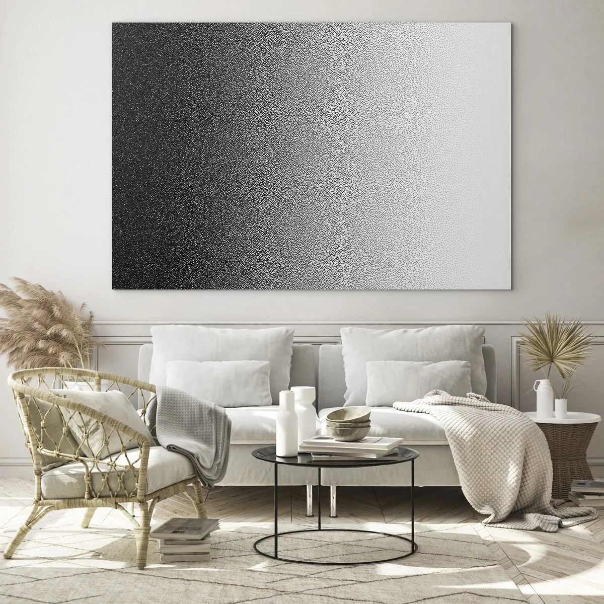 Impression sur verre - Image sur verre - Dégradé noir et blanc avec effets granuleux et lumineux - 70x50cm - Du coté de la lumière - Décoration murale moderne pour le salon et la chambre ARTTOR