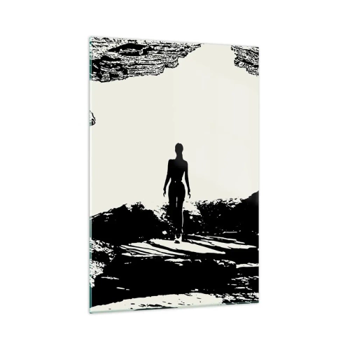 Impression sur verre - Image sur verre - Silhouette noire et blanche d'une femme dans une grotte contre le ciel - 70x100cm - Nouveau look - Décoration murale moderne pour le salon et la chambre ARTTOR
