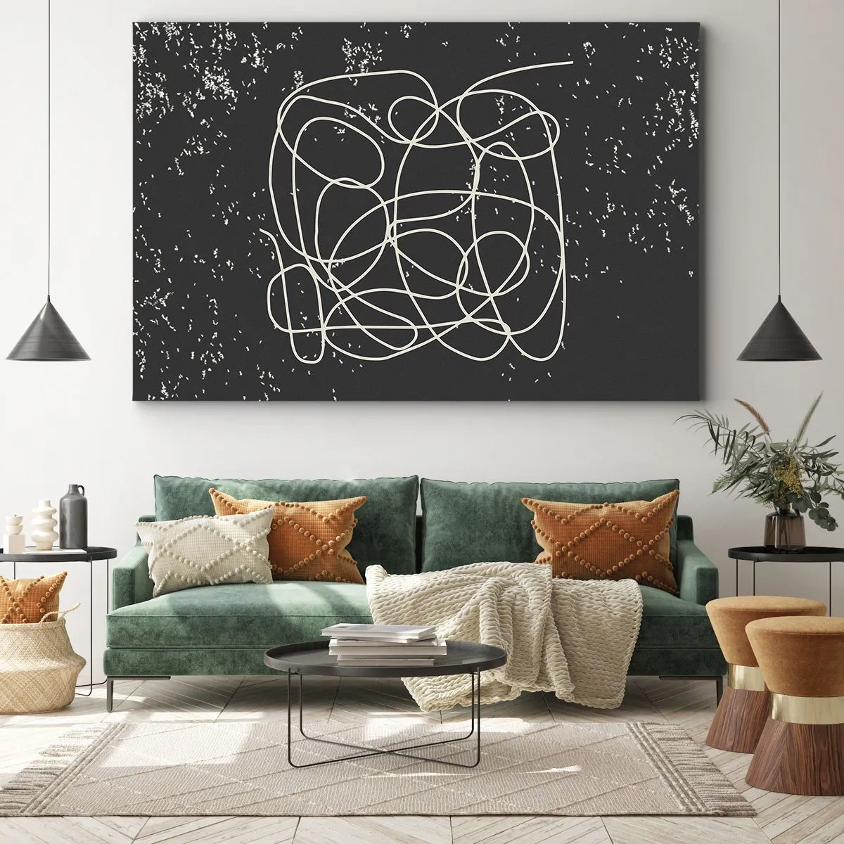 Impression sur toile - Image sur toile - Ligne abstraite sur fond noir avec des détails fins - 120x80cm - Errance des pensées - Décoration murale moderne pour le salon et la chambre ARTTOR