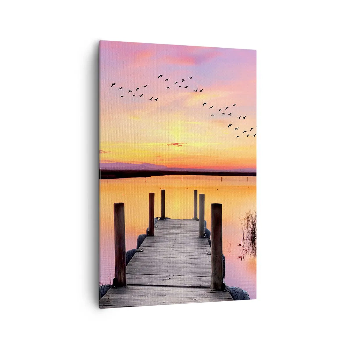 Impression sur toile - Image sur toile - Une jetée sur un lac au coucher du soleil avec des oiseaux dans le ciel - 80x120cm - Aube silencieuse violette - Décoration murale moderne pour le salon et la chambre ARTTOR