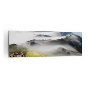 Impression sur toile - Image sur toile - Un chemin en bois parmi les montagnes brumeuses le matin - 160x50cm - Tissé d'éblouissement et de brouillard - Décoration murale moderne pour le salon et la chambre ARTTOR