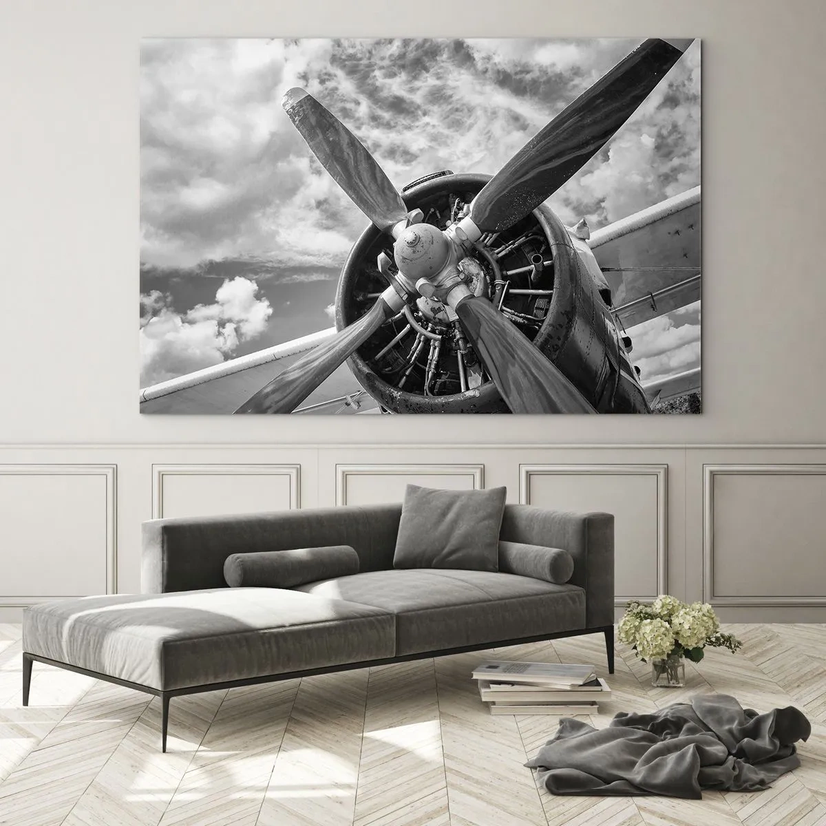 Impression sur verre - Image sur verre - Gros plan d'une hélice d'avion en noir et blanc. - 100x70cm - Dompteur de ciel - Décoration murale moderne pour le salon et la chambre ARTTOR