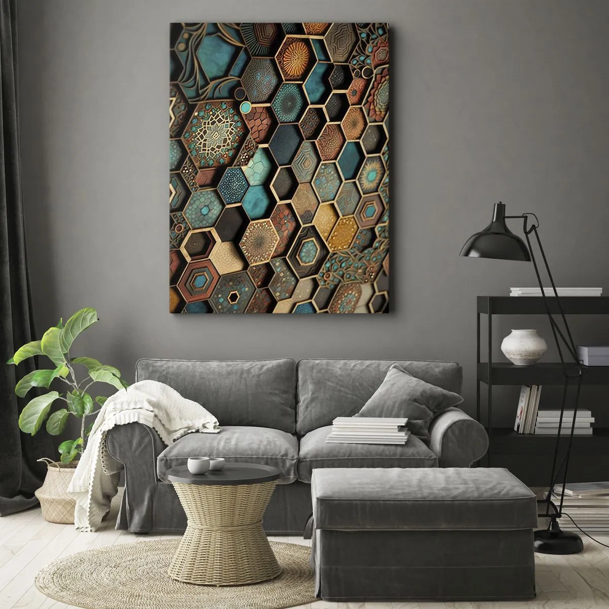 Impression sur toile - Image sur toile - Ornements colorés aux motifs hexagonaux - 80x120cm - Ornements arabes – variation - Décoration murale moderne pour le salon et la chambre ARTTOR