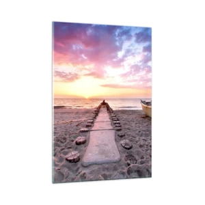 Impression sur verre - Image sur verre - Plage au lever du soleil avec bateau et jetée - 80x120cm - Moment d'expérience profonde - Décoration murale moderne pour le salon et la chambre ARTTOR