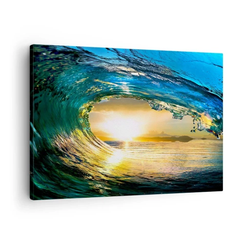 Impression sur toile - Image sur toile - Vague de l'océan au soleil avec vue sur l'horizon - 70x50cm - Dans un éclat émeraude-or - Décoration murale moderne pour le salon et la chambre ARTTOR