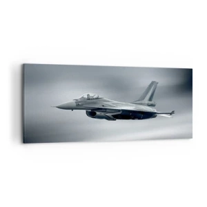 Impression sur toile - Image sur toile - Un avion de chasse en vol contre un ciel nuageux - 120x50cm - Acceptez-vous le défi? - Décoration murale moderne pour le salon et la chambre ARTTOR
