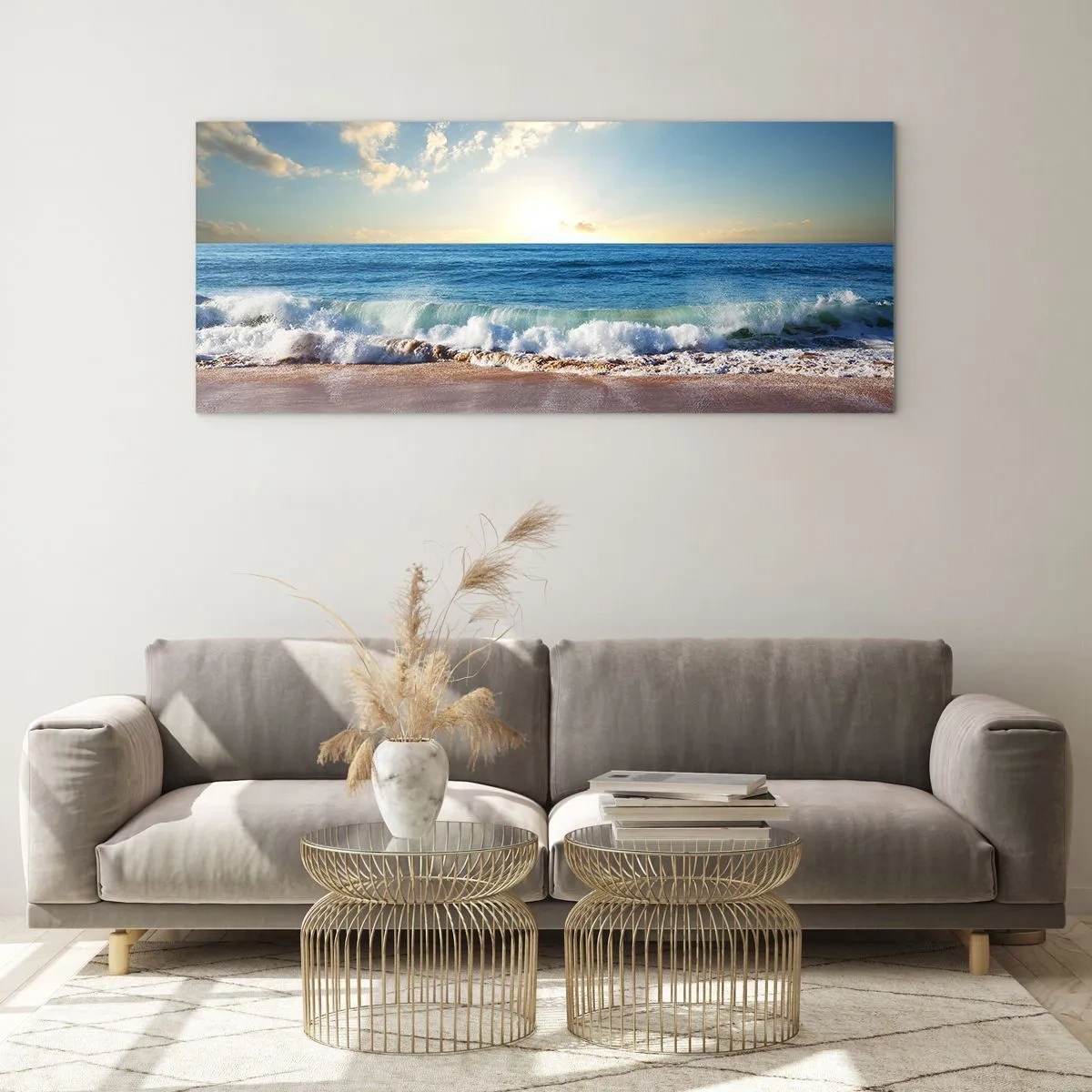 Impression sur verre - Image sur verre - Une plage ensoleillée avec des vagues s'écrasant sur le rivage - 160x50cm - Mouvement et immobilité à la fois - Décoration murale moderne pour le salon et la chambre ARTTOR