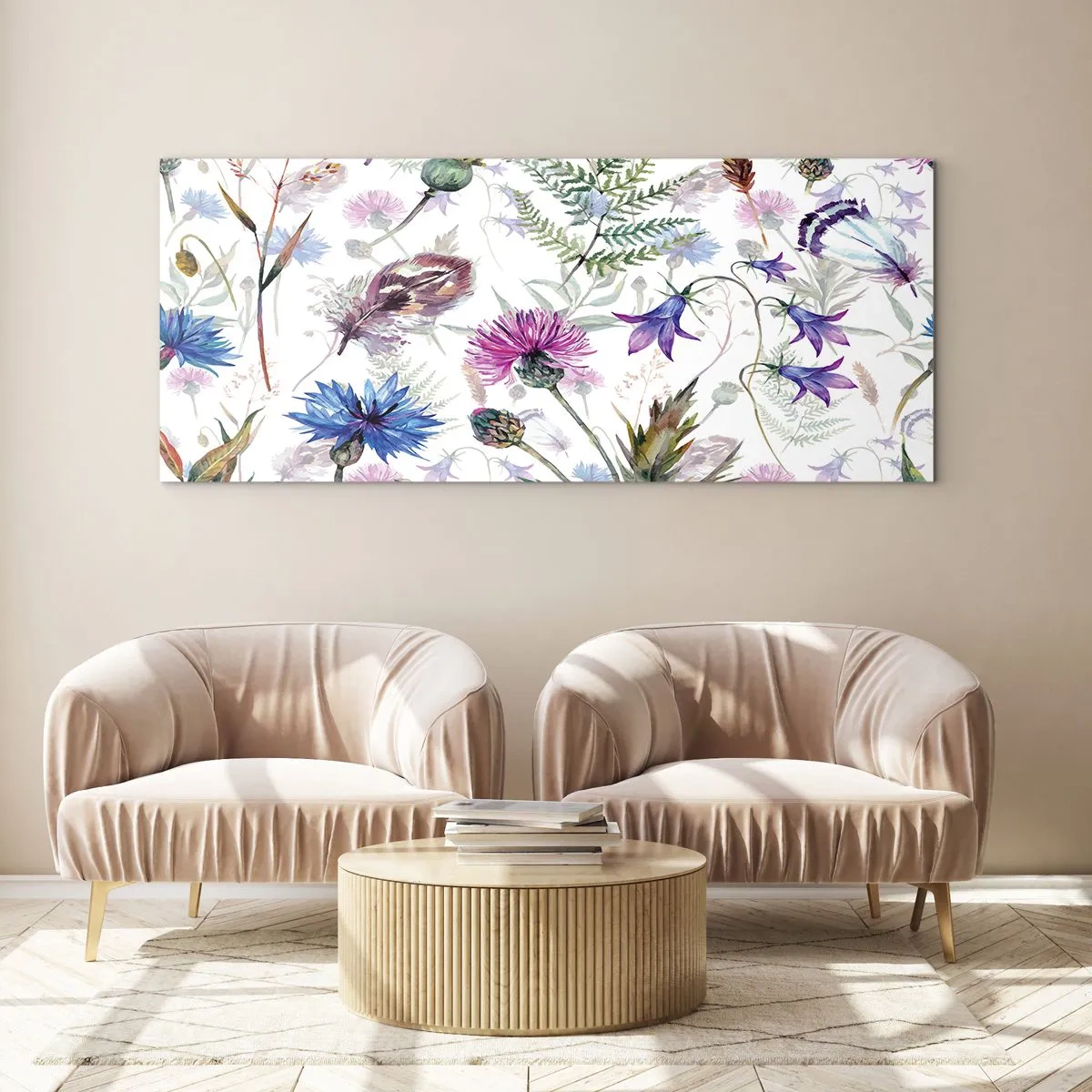 Impression sur verre - Image sur verre - Fleurs et herbes à l'aquarelle sur fond blanc dans le style herbier - 160x50cm - Herbier polonais - Décoration murale moderne pour le salon et la chambre ARTTOR