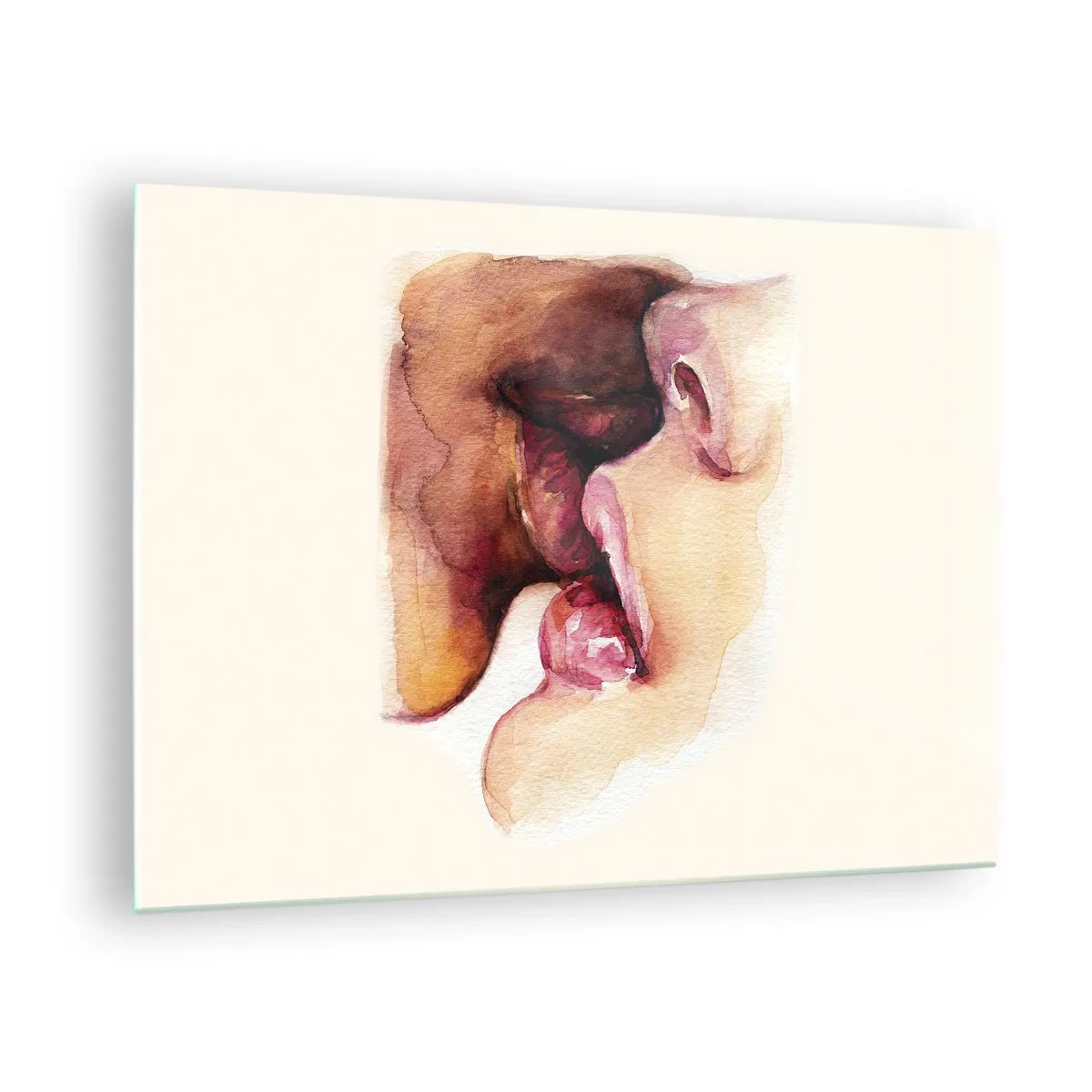 Impression sur verre - Image sur verre - Aquarelle artistique représentant un baiser de deux visages sur fond clair - 70x50cm - Comme le jour et la nuit, la terre et le ciel - Décoration murale moderne pour le salon et la chambre ARTTOR