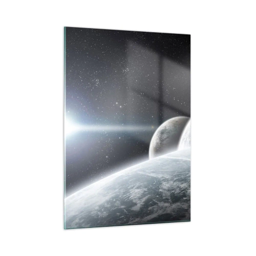 Impression sur verre - Image sur verre - Planètes dans l'espace avec un rayon de lumière - 50x70cm - Musique cosmique des sphères - Décoration murale moderne pour le salon et la chambre ARTTOR