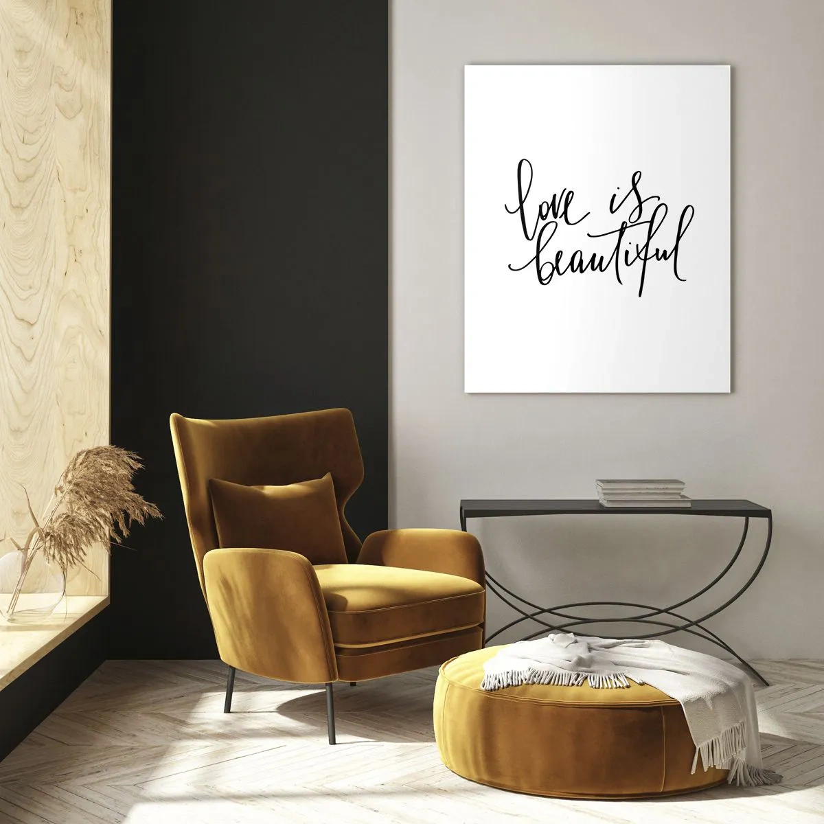 Impression sur verre - Image sur verre - Inscription noire « l'amour est beau » sur fond blanc - 70x100cm - Lire et répéter - Décoration murale moderne pour le salon et la chambre ARTTOR