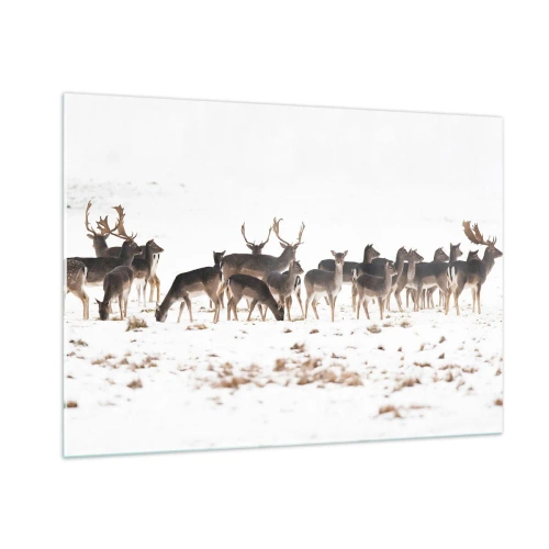 Impression sur verre - Image sur verre - Une photographie d'un troupeau de cerfs dans un paysage enneigé - 100x70cm - Les fêtes approchent ? - Décoration murale moderne pour le salon et la chambre ARTTOR