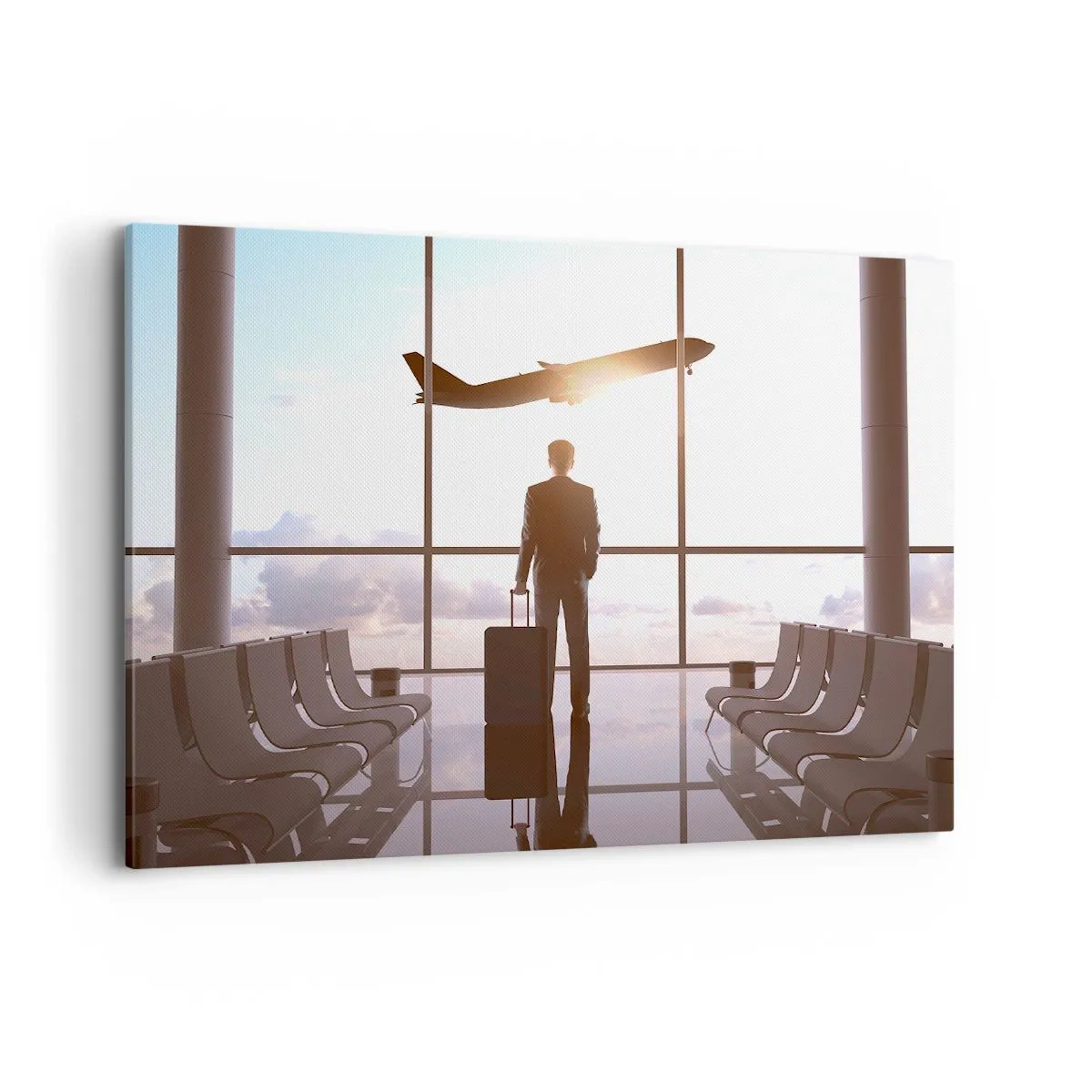 Impression sur toile - Image sur toile - Homme d'affaires à l'aéroport avec un avion en arrière-plan - 100x70cm - Vous avez le temps, ralentissez - Décoration murale moderne pour le salon et la chambre ARTTOR