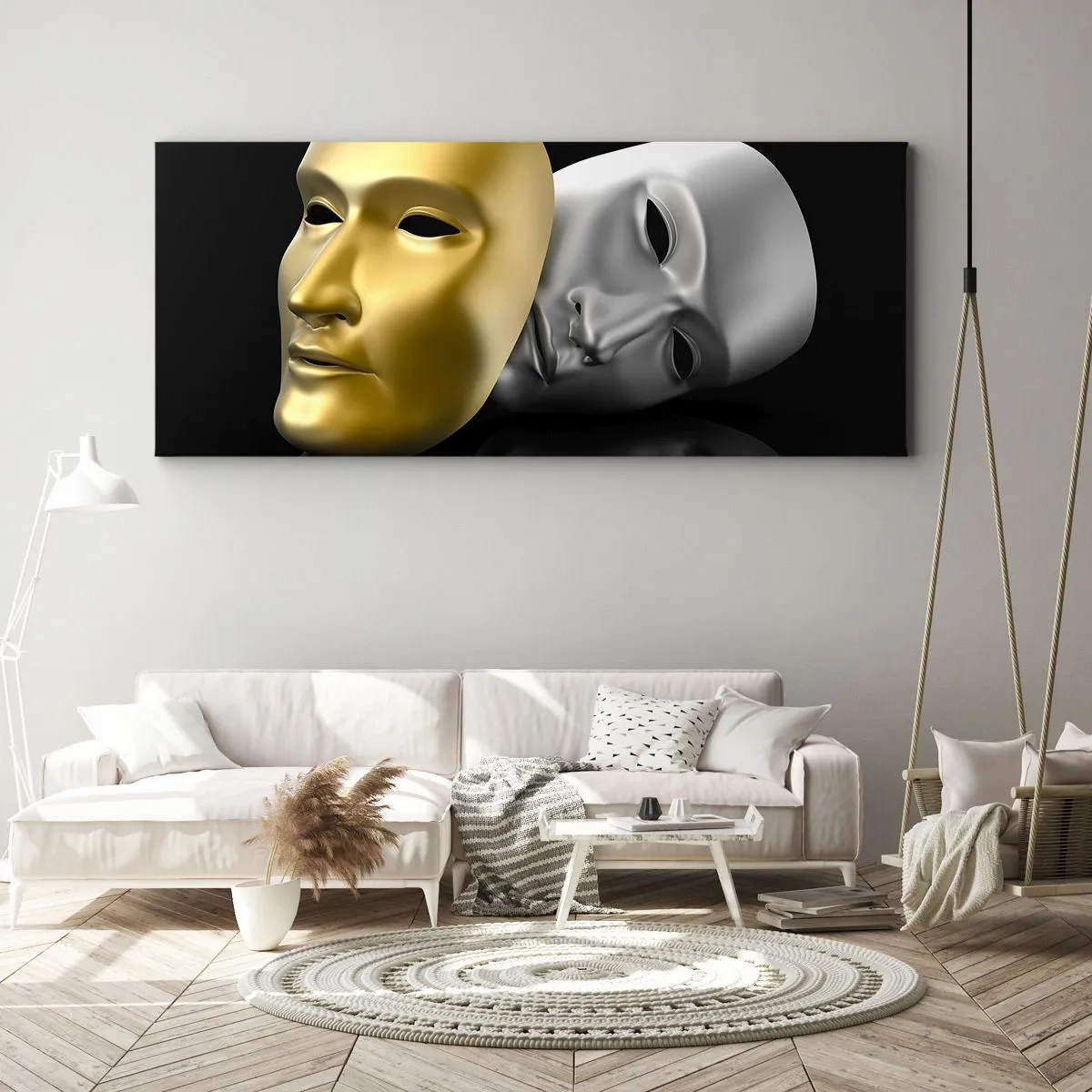 Impression sur toile - Image sur toile - Masque d'or et d'argent sur fond noir - 160x50cm - La vie est un théâtre - Décoration murale moderne pour le salon et la chambre ARTTOR