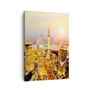Impression sur toile - Image sur toile - Panorama de la ville avec des gratte-ciels au coucher du soleil - 50x70cm - Rêve asiatique - Décoration murale moderne pour le salon et la chambre ARTTOR