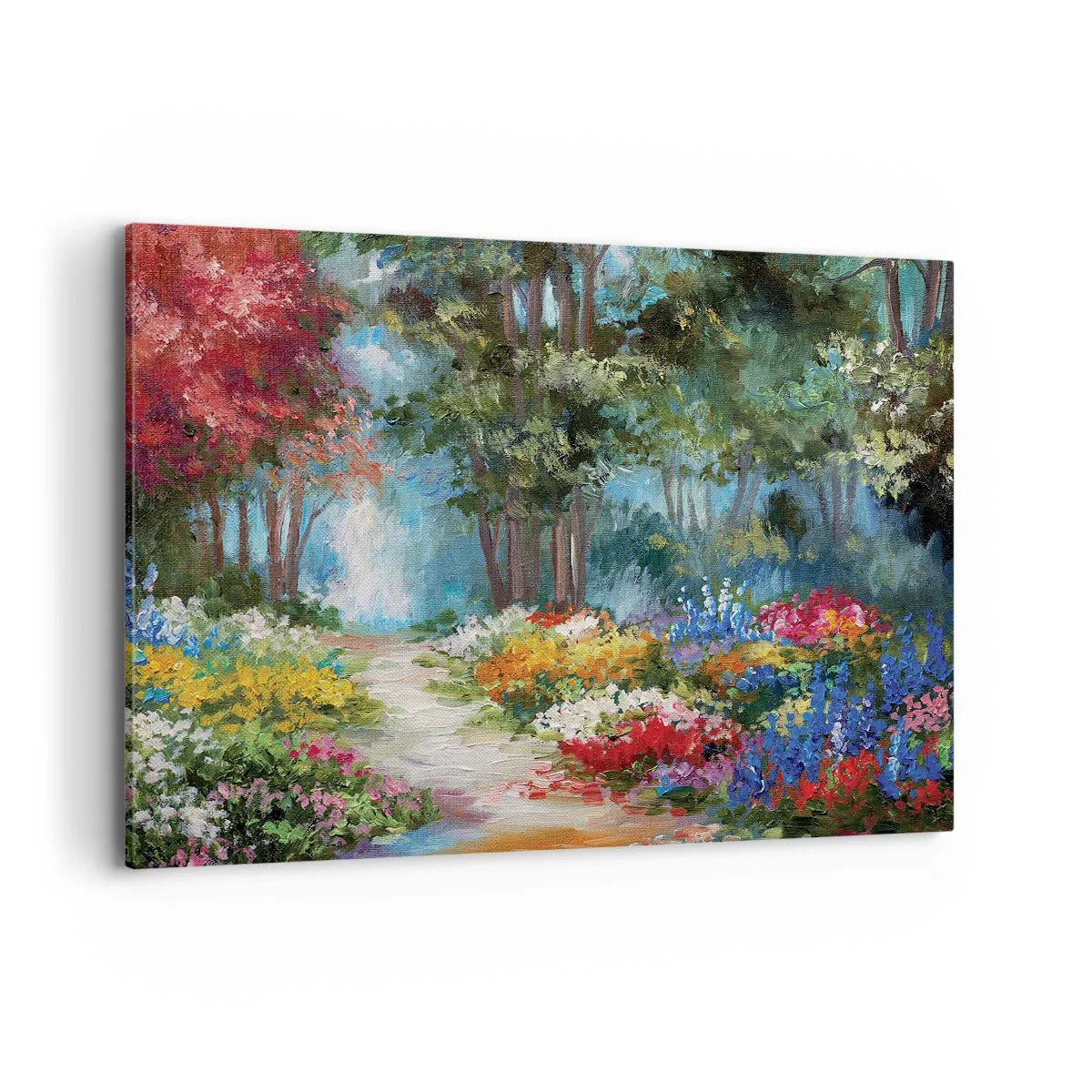 Impression sur toile - Image sur toile - Un jardin pittoresque rempli de fleurs et d'arbres colorés dans un cadre forestier - 120x80cm - Jardin forestier, forêt de fleurs - Décoration murale moderne pour le salon et la chambre ARTTOR