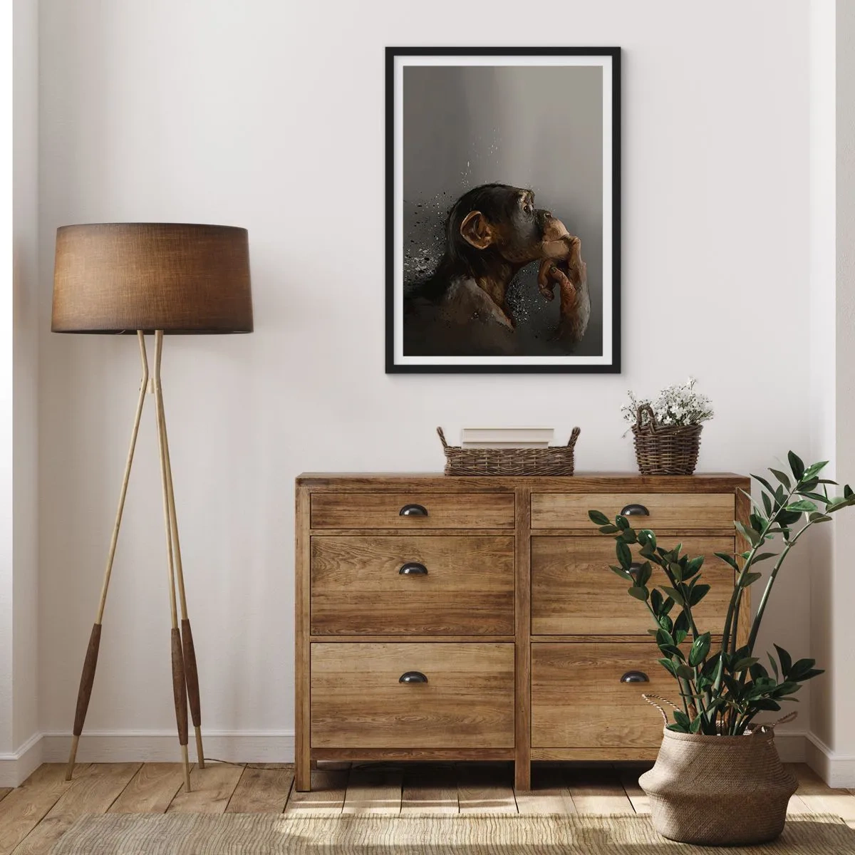 Affiche dans un cadre noir - Poster - Portrait d'un singe pensant dans des tons gris doux avec un fond abstrait - 50x70cm - Certainement un penseur - Décoration murale moderne pour le salon et la chambre ARTTOR