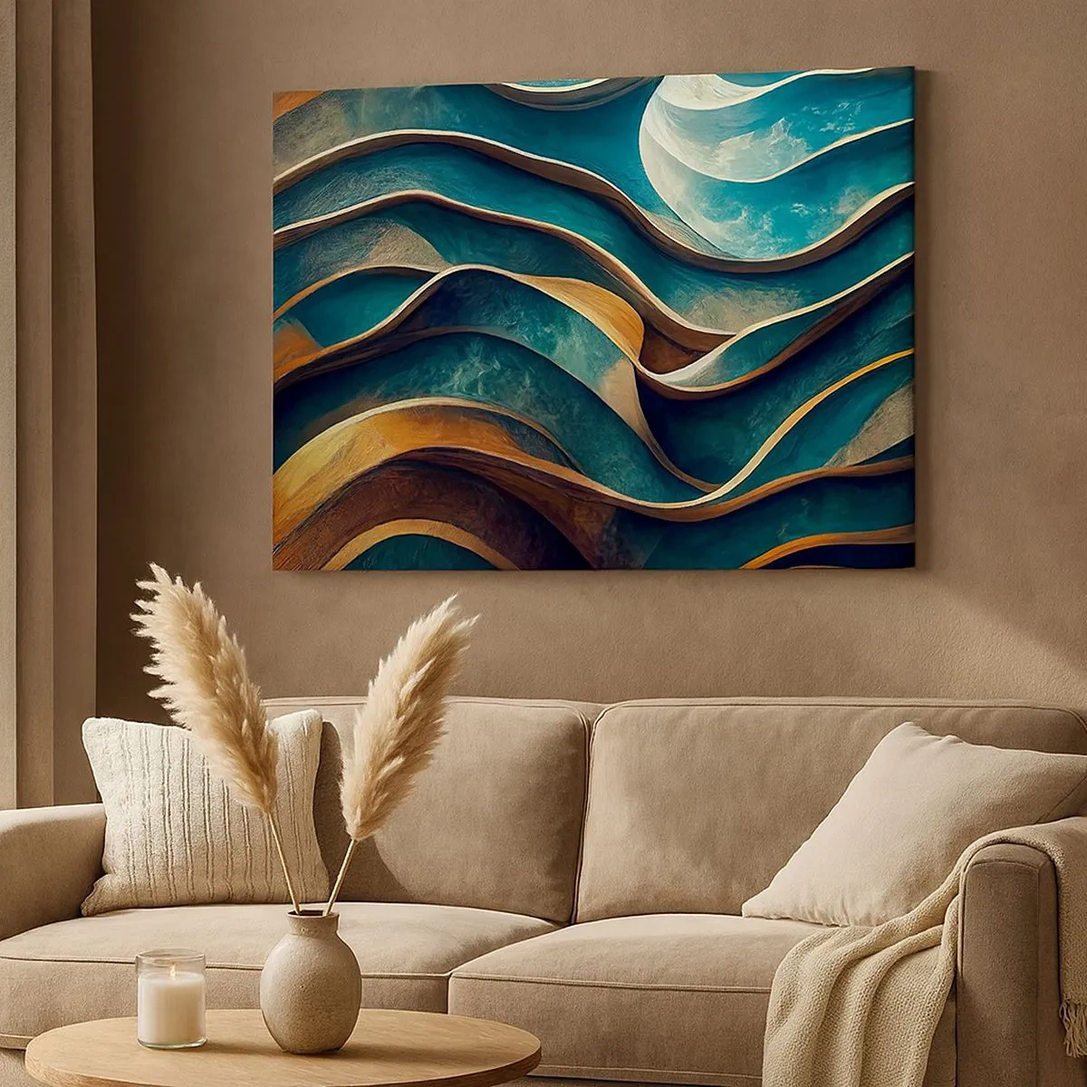 Impression sur toile - Image sur toile - Vagues abstraites dans des tons turquoise et or - 70x50cm - Méandres de bleu - Décoration murale moderne pour le salon et la chambre ARTTOR