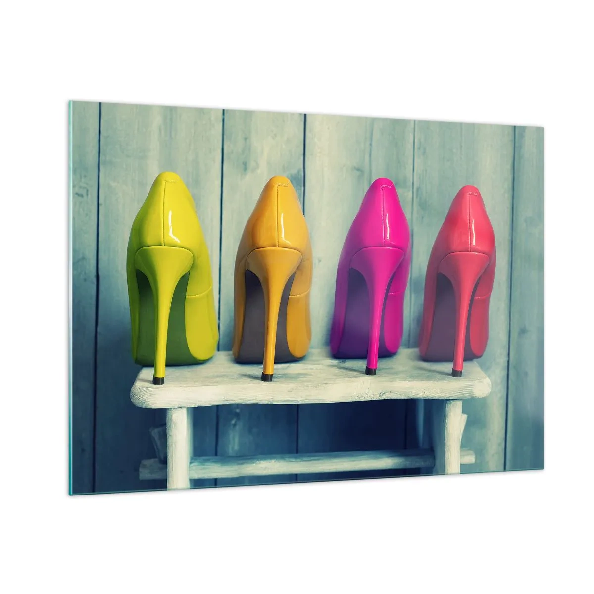 Impression sur verre - Image sur verre - Quatre épingles colorées disposées sur un banc en bois - 100x70cm - Promenade sur l'arc-en-ciel - Décoration murale moderne pour le salon et la chambre ARTTOR