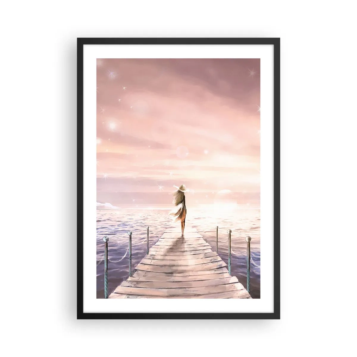 Affiche dans un cadre noir - Poster - Jetée romantique au coucher du soleil avec une femme portant un chapeau - 50x70cm - A la lumière d'un rêve - Décoration murale moderne pour le salon et la chambre ARTTOR