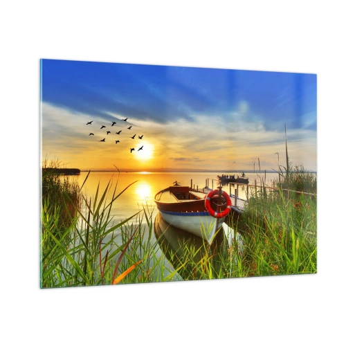 Impression sur verre - Image sur verre - Un bateau sur un lac au coucher du soleil avec des oiseaux dans le ciel - 100x70cm - Les cormorans s'envolent déjà - Décoration murale moderne pour le salon et la chambre ARTTOR