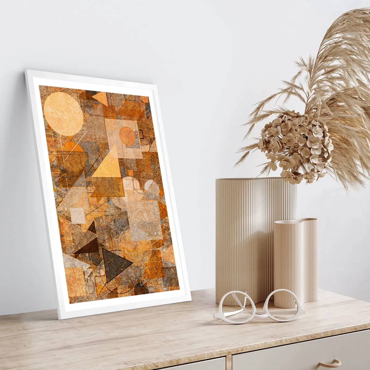 Affiche dans un cadre blanc - Poster - Étude cubique de marron - 70x100 cm