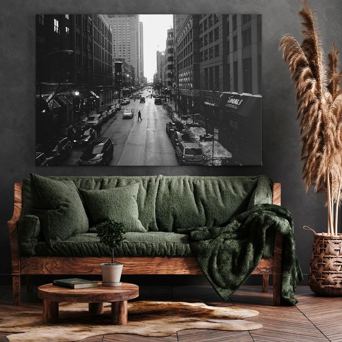 Impression sur toile - Image sur toile - Une rue en noir et blanc au milieu de la ville avec des voitures et des piétons - 70x50cm - Un autre jour comme tous les autres jours - Décoration murale moderne pour le salon et la chambre ARTTOR