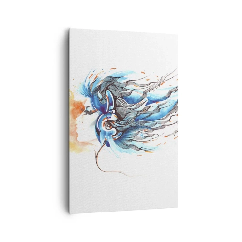 Impression sur toile - Image sur toile - Graphique artistique d'une femme portant des écouteurs avec des accents musicaux - 80x120cm - Que la musique joue - Décoration murale moderne pour le salon et la chambre ARTTOR
