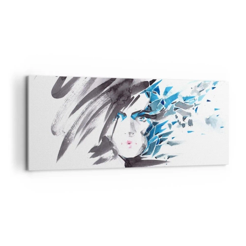 Impression sur toile - Image sur toile - Peinture faciale artistique à l'aquarelle avec des accents bleus - 120x50cm - Portrait sensuel en gris et bleu - Décoration murale moderne pour le salon et la chambre ARTTOR