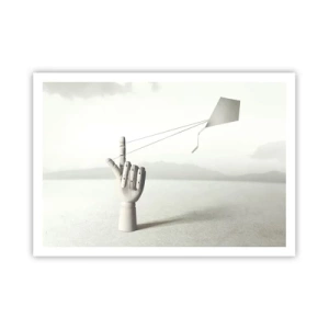 Affiche - Poster - Une main en bois minimaliste avec un cerf-volant sur un fond de paysage. - 100x70cm - Épreuve de force - Décoration murale moderne pour le salon et la chambre ARTTOR