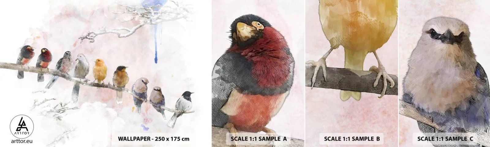 Échantillon de Papier Peint Autocollant Deluxe Sticker - Rencontre ailée - Des oiseaux, Nature, Graphique - 100x30 cm