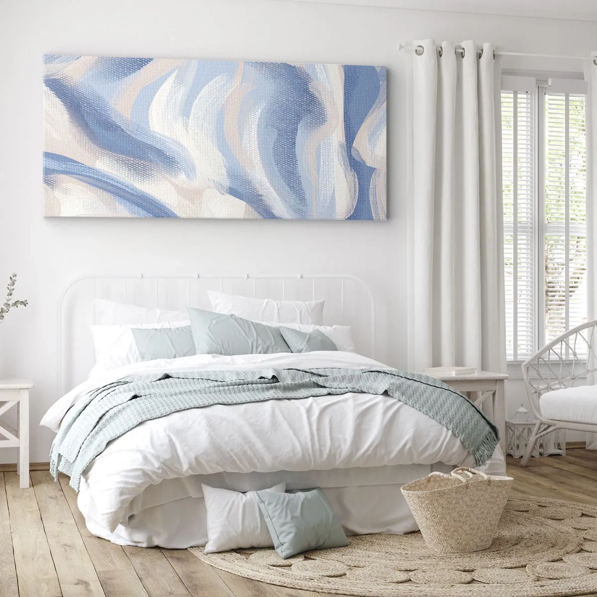 Impression sur toile - Image sur toile - Coups de pinceau abstraits dans des tons de bleu et de beige - 140x50cm - Vagues bleues - Décoration murale moderne pour le salon et la chambre ARTTOR