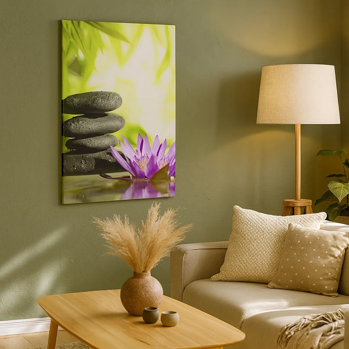 Impression sur toile - Image sur toile - Une pile de pierres zen et une fleur de lotus sur un fond de feuilles de bambou. - 50x70cm - Dans un buisson de bambou - Décoration murale moderne pour le salon et la chambre ARTTOR