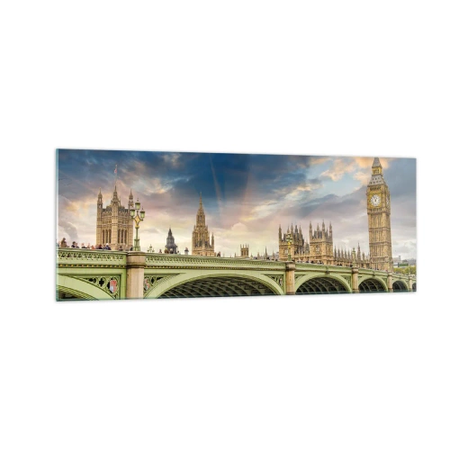 Impression sur verre - Image sur verre - Big Ben et le pont de Westminster contre le ciel au crépuscule - 140x50cm - Le temps s'est arrêté dans l'Empire - Décoration murale moderne pour le salon et la chambre ARTTOR